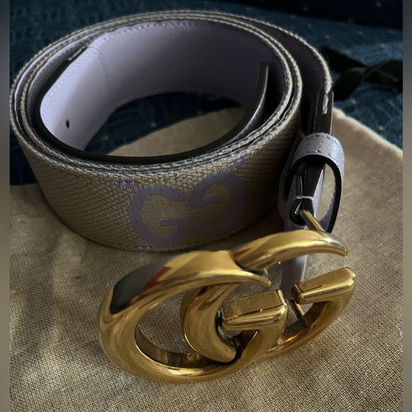 GUCCI GG PURPLE+BEIGE JUMBO CANVAS & LEATHER BELT Plus Size 105 + dust bag. - Picture 1 of 12